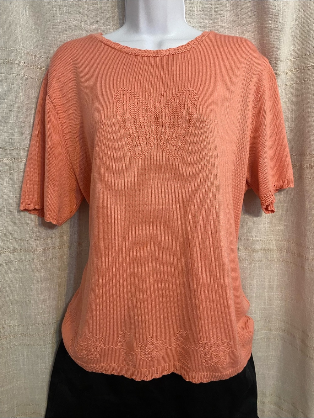 Vintage Alfred Dunner Butterfly Pointelle Knit Short Sleeve Top Coral Pink L